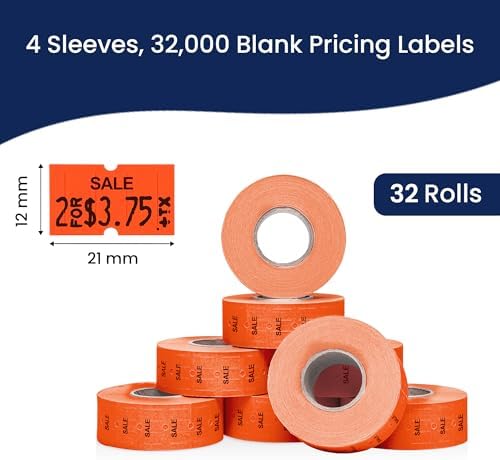 Perco 1 Line Fluorescent Red Sale Labels - 32,000 Blank Price and Date Gun Labels for Perco Lite, X, Plus and Pro 1 Line Price and Date Guns - 32 Rolls, 4 Sleeves - Made in USA - Image 3