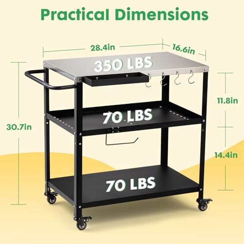 Outdoor Grill Cart Table, Pizza Oven Stand with Casters, Silver - Image 5