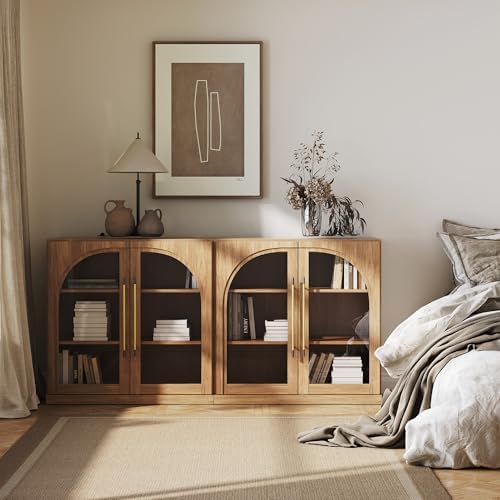 BELLEZE Set of 2 Modular Sideboard with Arched Glass Door, 65'' Accent Display Buffet Cabinet with Storage and Adjustable Shelves,Classic Modern Credenza for Living Room Kitchen Entryway (Camel) - Image 5