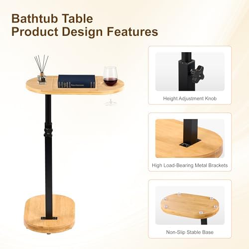 Bamboo Bathtub Side Table, Height Adjustable Bath Caddy Tray - Image 3