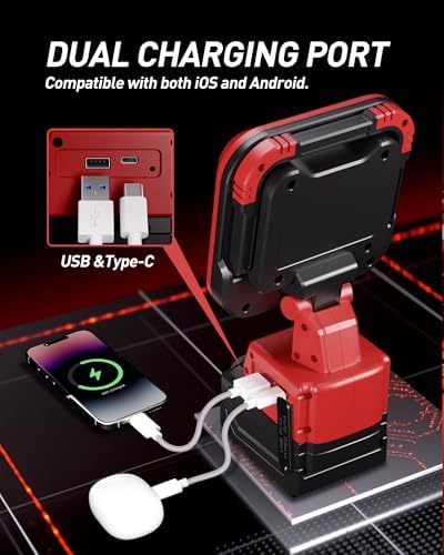 EEFOW Work Light for Milwaukee m18: 9500LM Cordless Led Lights for 18v Battery, 90W Portable 140° Rotate Flood Flashlight with USB & Type C Charge Smart Protect Battery for Indoor Outdoor Lighting - Image 4