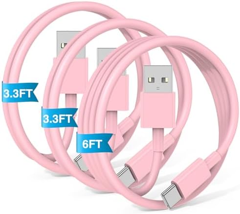 3-Pack Pink [3.3FT+3.3FT+6FT] USB A to USB C Cable，USB to USB C Car Carplay Cable for iPhone 16 15 Pro Plus Pro Max，for iPad Pro/Air/Mini，for Samsung S24/S23/S22/S21，for MacBook Pro/Air and More by JERMASAL