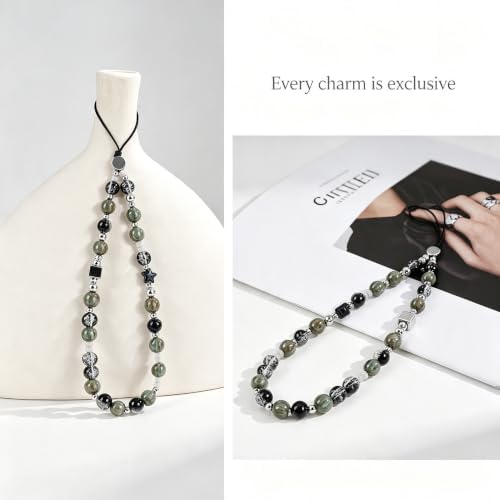 Cell Phone Charm Strap Beaded Camera Lanyard Wrist Aesthetic Star Cute Chain Bracelet String Anti-Lost Wristlet Accessories for iPhone 17 Samsung All Smartphones Women Keychain Vintage Dark Marble - Image 2