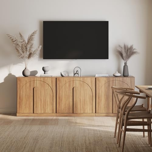 BELLEZE Bijou Modular Media Console Wall Unit (94.5" Wide)-Extra Long Entertainment Center & Storage System-Arched Door Sideboard for Living Room & Office-Hides All Clutter, Camel by BELLEZE
