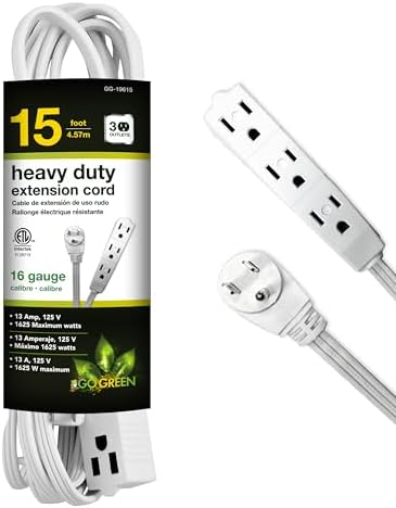 Go Green Power Inc. 15ft Extension Cord with 3 Outlets, White - Compact, Flush-Fit Design, Heavy Duty, Grounded Plug - Ideal for Home & Small Appliances - GG-19615 by PowerByGoGreen