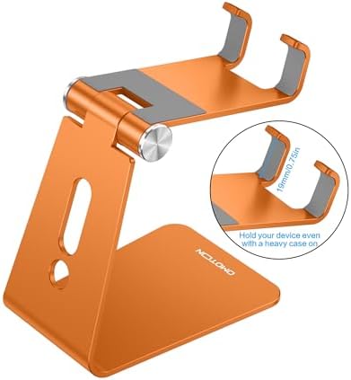OMOTON Adjustable Cell Phone Stand, Aluminum Desktop Cellphone Stand with Anti-Slip Base and Convenient Charging Port, Fits All Smart Phones, Orange - Image 2