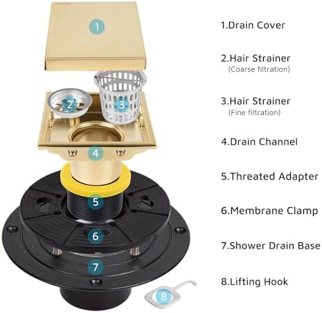 Square Shower Drain with Flange, 4 Inch, Brushed Gold, 2-in-1 Grate - Image 6