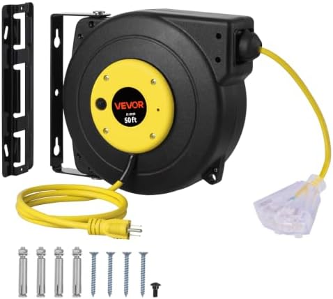 VEVOR Retractable Extension Cord Reel, 50 FT, Heavy Duty 14AWG/3C SJTOW Extension Power Cord with Lighted Triple Tap Outlet, 13A Circuit Breaker 180° Swivel Bracket for Ceiling or Wall Mount, Yellow by VEVOR