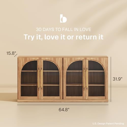 BELLEZE Set of 2 65" Arched Sideboard with Glass Door, Accent Buffet Cabinet with Storage and Adjustable Shelves, Classic Modern Large Console Sideboard for Living Room Kitchen Entryway (Camel) - Image 2