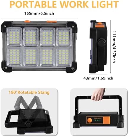 120W Solar Rechargeable Work Light, 144 LED Portable Flood Light with Stand, IP66 Waterproof 4 Modes LED Job Site Lighting Flashlights for Mechanic Camping Fishing Car Repair - Image 4