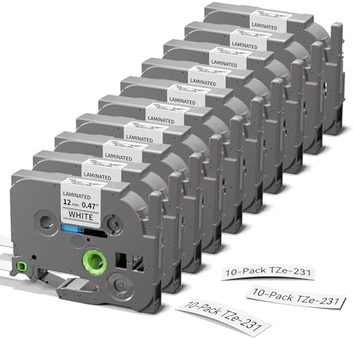 10-PK TZe231 Replace for Brother Label Maker Tape 12mm 0.47 White Laminated by Freshworld