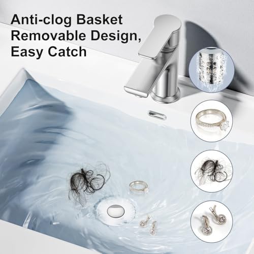 Bathroom Sink Drain Strainer, Universal Pop Up 3 in 1 Bathroom Sink Stopper with Removable Stainless Steel Filter Basket Drain Hair Catcher, Sink Plug for 1.1''~2.36'' Basin, Brass Bullet Core, Chrome - Image 2