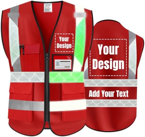Luminous Safety Vest Customize Logo Outdoor Work Vest with Luminous Hi-Vis Reflective Strips (4XL, Red) by YOWESHOP