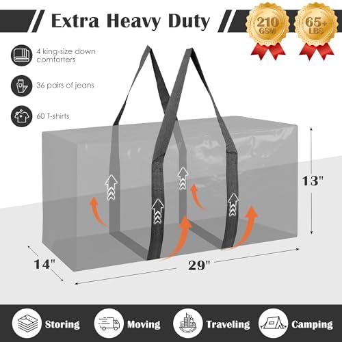 12 Pack Moving Bags with Full-Open Side Zipper, Extra Large 93L Heavy Duty Waterproof Foldable Storage Totes for College Dorm, Moving & Home Organization Black - Image 2