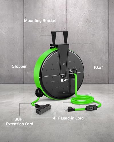 DEWENWILS 30FT Extension Cord Reel, 16/3 Gauge SJTW Power Cord, Retractable Cord Reel with 3 Outlets, Ceiling/Wall Mount for Garage, Workshop, 10A Circuit Breaker, Metal Plate, UL Listed, Green - Image 6