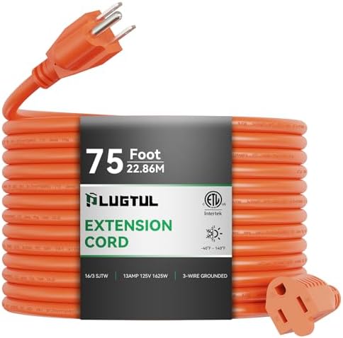 Outdoor Extension Cord 75 FT | 16/3 Gauge Heavy Duty 3 Prong Extension Cord, 13A 1625W SJTW, ETL Listed, Great for Garden and Home, Orange by PLUGTUL