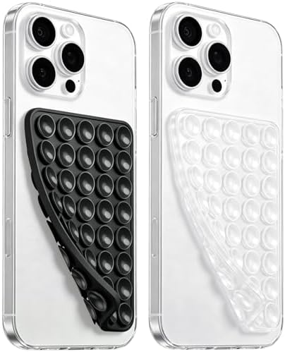 PKYAA Anteel 2 Pack Silicone Suction Cup Phone Case Mount Double Sided, Hands-Free Silicon Phone Grip with Higher Suction Power for Selfies and Videos, Non Slip Phone Accessories (Black&Translucent) by PKYAA