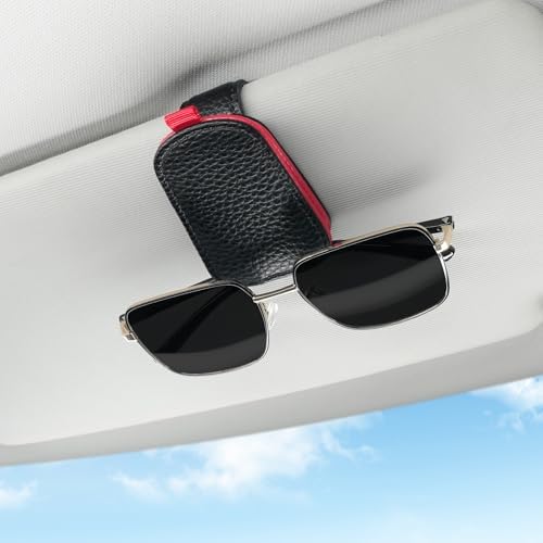 SINGARO Sunglasses Holder for Car, Leather Magnetic Buckle Sun Visor Sunglass Clip, Ticket Card Storage Glasses Clip, Car Interior Accessories for Men and Women（Black-red） - Image 2