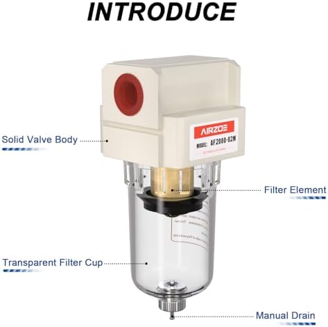 AIRZOE 1/4" NPT Compressed Air Filter AF2000-02M, Manual Drain,0-150psi - Image 3
