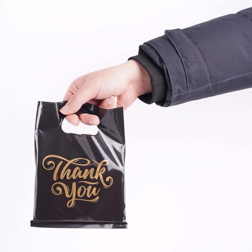 ysmile Thank You Plastic Merchandise Bag for Small Business, Plastic Shopping Bag with Handle Die Cut in Bulk Extra Thick 2.5 mil 100 ct from 7.8"x11.8" - Black - Image 5