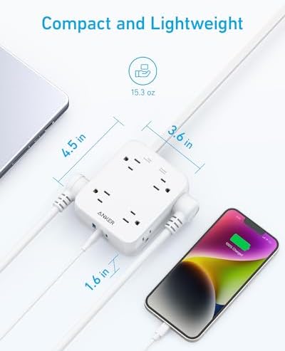 Anker Surge Protector Flat Plug Power Strip 2000J, 5ft Thin Extension Cord, 8 Outlets,2 USB A and 1 USB C Port,20W for iPhone15,Wall Mount,Compact for Home,Office,Room,TUV Listed (Pack of 2) - Image 5