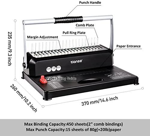 TIANSE Binding Machines, 21-Holes, 450 Sheets, Comb Bind Machine Book Maker with 100 PCS 3/8'' Comb Binder Spines Starter Kit, Comb Binding Machine for Letter Size, A4, A5 or Smaller Sizes - Image 4