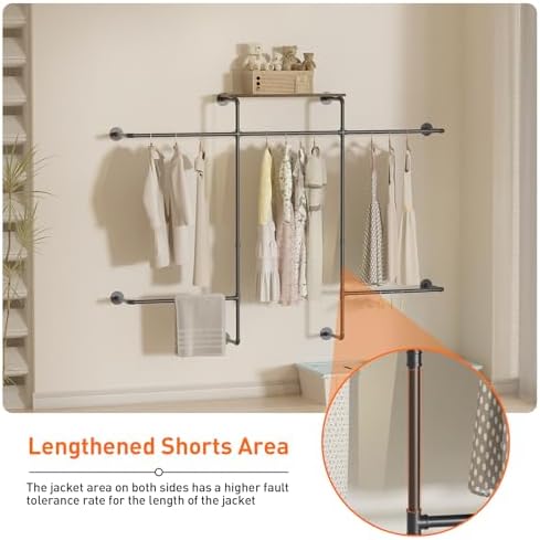 Merapi Industrial Pipe Clothing Rack, Wall Mounted Heavy Duty Garment Rack with Wood Shelf, Double Hanging Rod Vintage Organizer for Walk-in Closet, Laundry Room & Retail Store Display (Black) - Image 4