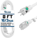 YOJOE Indoor Outdoor Extension Cord with Lighted End, 3 Prong 13A Weatherproof Power Cord, 16 Gauge Heavy Duty 8 ft White Extension Cord for Garage, Garden and Home, 16/3 SJTW UL Certified by YOJOE