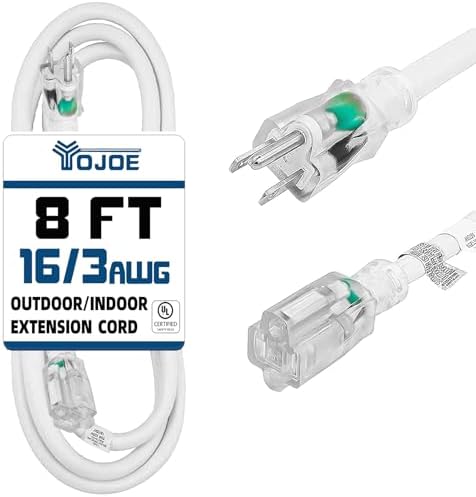 YOJOE Indoor Outdoor Extension Cord with Lighted End, 3 Prong 13A Weatherproof Power Cord, 16 Gauge Heavy Duty 8 ft White Extension Cord for Garage, Garden and Home, 16/3 SJTW UL Certified by YOJOE