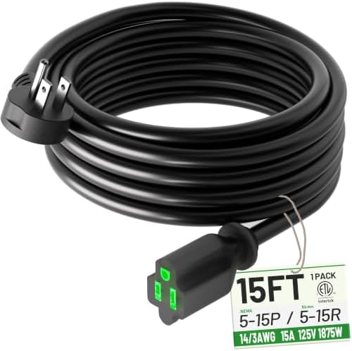 POWGRN 15FT 14/3 Black Flat Plug Extension Cord, Low Profile Indoor by POWGRN