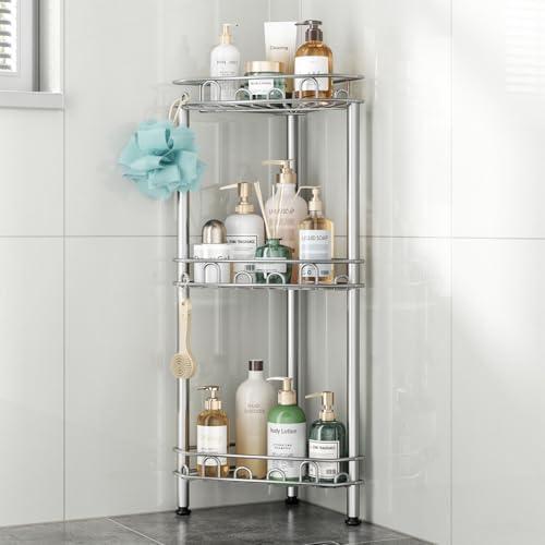 SWTYMIKI Standing Shower Caddy Corner - 3‑Tier Stainless Steel Shower Organizer Shelf with 12 Hooks and Adhesive Pads, Rustproof Corner Shelves Stand Rack for Bathroom Shower Room, Silver by SwtyMiki-TidyHomeSweetLife