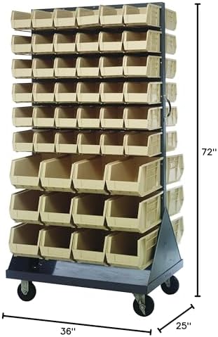 Quantum Storage Systems QMD-36H-230240IV Solid Mobile Louvered Panel Double Sided Bins Bench Rack 60 Shelves 96 Ultra Stack & Hang Ivory Bins 72" H x 36" W x 25" D - Image 2