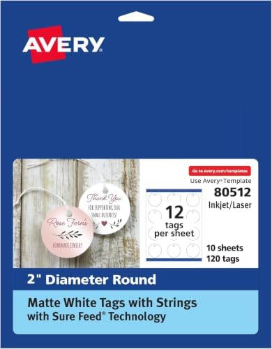 Avery Round Tags, Sure Feed Technology, 2" Diameter, Matte White, Strings Included, 600 Total, Print-to-The-Edge, Laser/Inkjet Printable (80512) (Pack of 5) by Avery