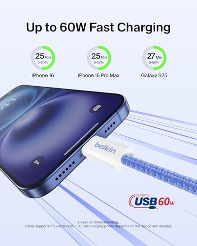 Belkin USB C to USB C 60W Braided Cable 2 Pack, 6.6ft iPhone Charger Cord - Image 2