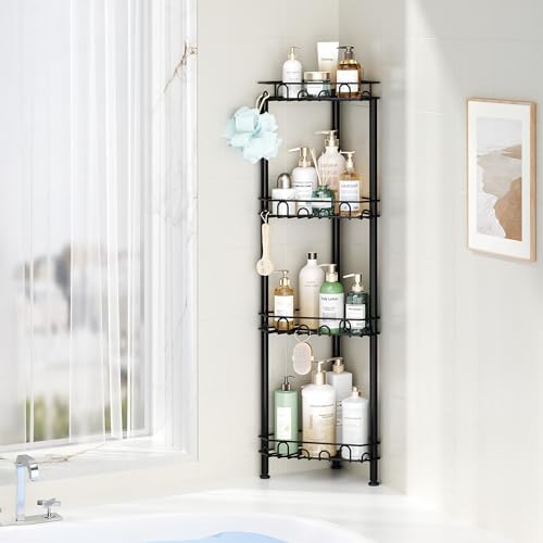 SWTYMIKI Standing Shower Caddy Corner - 4‑Tier Stainless Steel Shower Organizer Shelf with 16 Hooks and Adhesive Pads, Rustproof Corner Shelves Stand Rack for Bathroom Shower Room, Black - Image 5