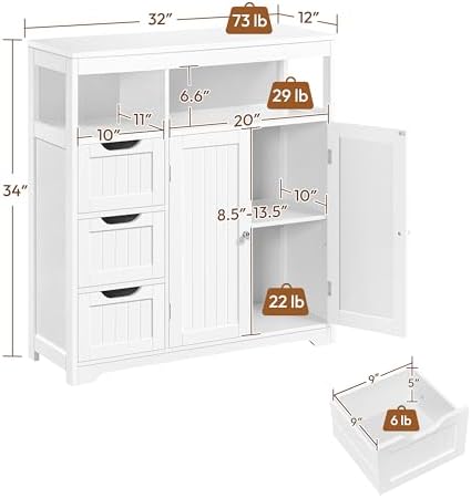 Yaheetech Small Bathroom Storage Cabinet with 3 Drawers & 2 Doors, White - Image 3