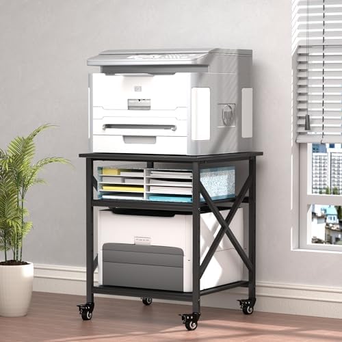 Printer Stand, 23.6 x 23.6 Inches Large Printer Stand with Adjustable Storage Shelf, 3 Tier Printer Table for Home Office, Rolling Printer Cart with Industrial Wheels, Mini Fridge Stand Table, Black - Image 2