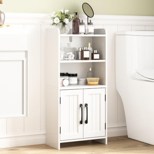 Small Bathroom Storage Cabinet with 2 Doors & Shelf, Line White by ZOVAZEN