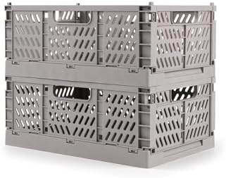 2 Pack Stackable Storage Crates, Plastic Foldable Baskets Small Gray by Domiella