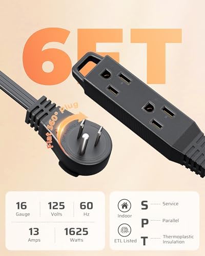 DEWENWILS 6FT 360° Rotating Flat Plug Extension Cord/Wire, 16/3, 2 Pack - Image 3
