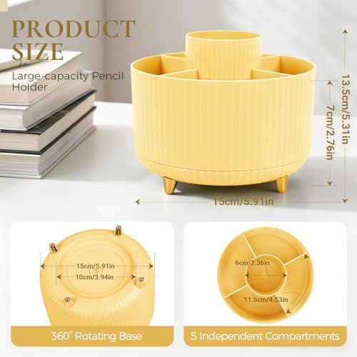 KONVINIT Pencil Pen Holder for Desk, 5 Slots 360-Degree Rotating Desktop Organizer, Cute Desk Organizers and Accessories for School, Home, Office and Art Supply, Yellow - Image 2