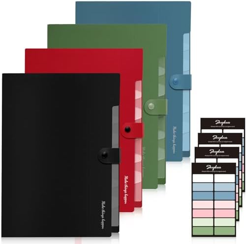 SKYDUE 8 Pockets Accordion File Organizer, Expanding File Folders, Portable Document Paper Organizer, A4 Letter Size, Snap Closure, Pack of 4 by SKYDUE