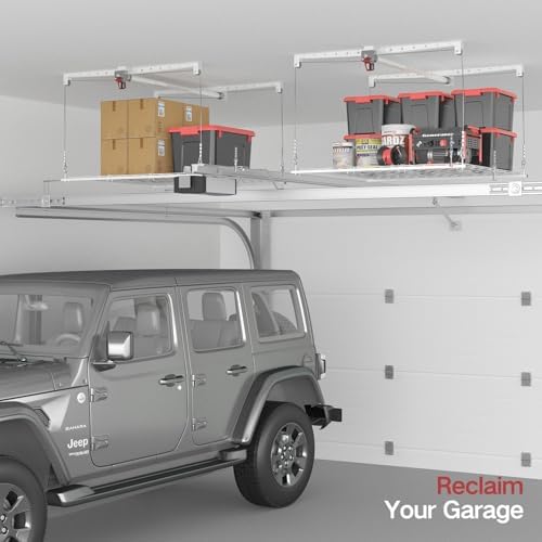 Overhead Garage Storage Rack, Adjustable Heavy-duty 4x4 Ft Ceiling Storage Racks with Safety Lock, Ideal for Garage Storage Lifting Organization System, 250lbs Capacity, White - Image 6