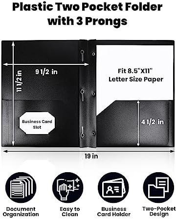 SUNEE 12-Pack Black Plastic Folders with Pockets and Prongs, Letter Size, 9 x 11.5 in - Image 2