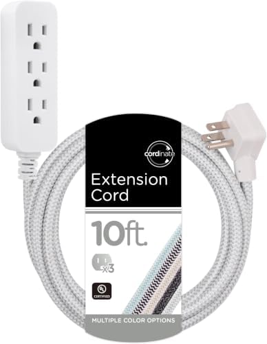 Cordinate 3 Outlet Power Strip Surge Protector Indoor Outdoor Extension Cord 14 Gauge 10 Ft 3 Prong Braided Extension Cords Flat Extension Cord Heavy Duty ETL Listed White 37914 (Pack of 12) by Cordinate