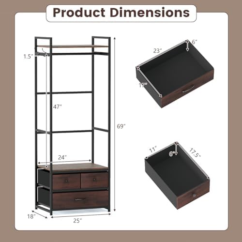 Tangkula Freestanding Small Clothes Rack, Heavy Duty Coat Rack with Drawers, Shelves, Hooks & Hanging Rod, Metal Closet Organizer Garment Rack, Industrial Hall Tree for Entryway, Hallway, Bedroom - Image 4