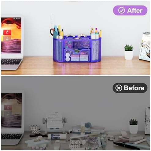EasyPAG Mesh Pen Holder Desk Organizer with Drawer Stationery Supplies Organizer for Dorm School 9 Compartments Workspace Desk Accessories Organization for Office, Purple - Image 5