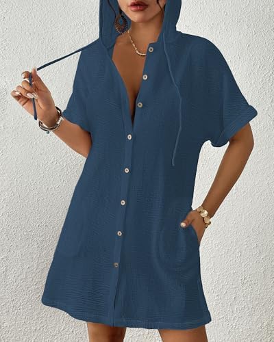 Bsubseach Womens Swimsuit Cover Up Shirt Hooded Beach Dress with Pockets - Image 2