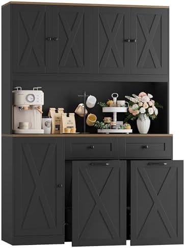 HOSTACK 71" Kitchen Pantry with 12.5 Gallon Double Trash Can Cabinet, Black by HOSTACK