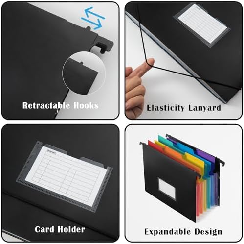 7-Pockets Hanging File Folder with Retractable Hooks for Filing Cabinet, Letter Size Expandable Accordion File Organizer with Elastic Band for File Frame or On-The-Go Use (6 Pack) - Image 3